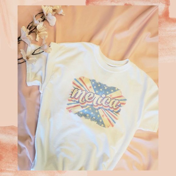 Merica Graphic White Short Sleeve Crewneck T-Shirt - Picture 1 of 1